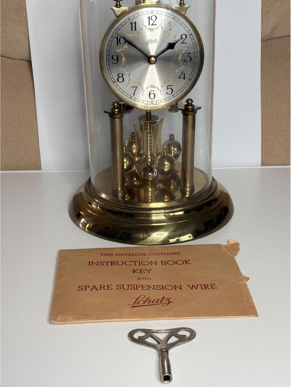 Vintage Schatz 400 Day Anniversary Clock w/ Dome Key Manual & Spare Wire